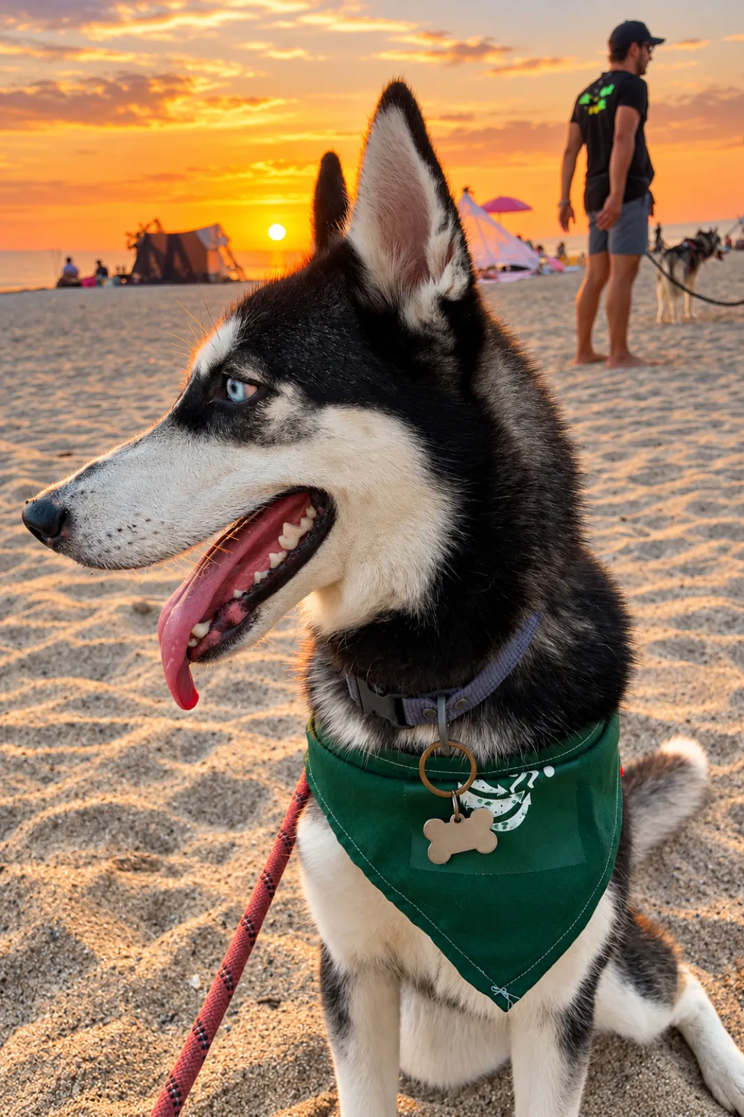 Husky con bandana verde de Runners en la playa al atardecer
